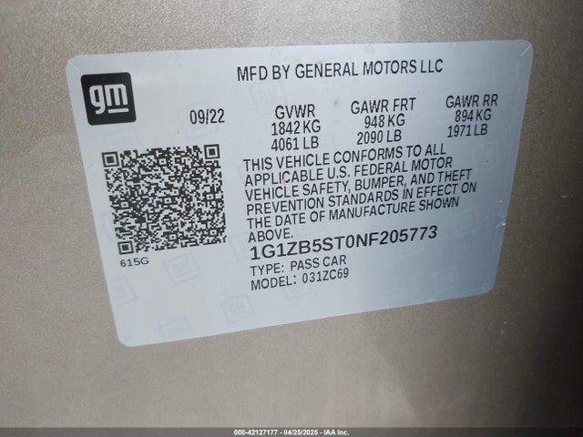 1G1ZB5ST0NF205773 Chevrolet Malibu Fwd Ls