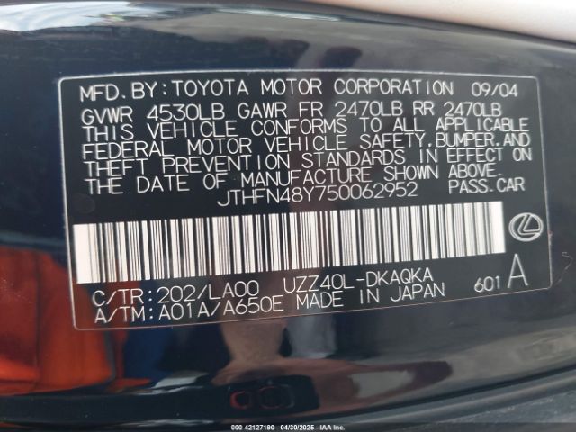 2005 LEXUS SC 430 JTHFN48Y750062952 Photo 8