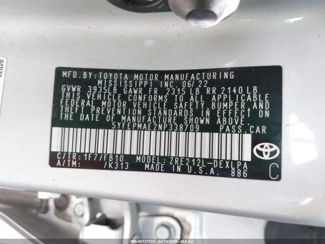 5YFEPMAE2NP338709 Toyota COROLLA LE