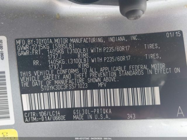 5TDYK3DC3FS571023 Toyota Sienna Xle 8 Passenger