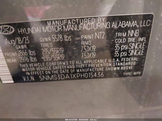 5NMS3DA1XPH015436 Hyundai Santa Fe Hybrid Sel Premium