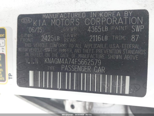 KNAGM4A74F5662579 KIA Optima Lx
