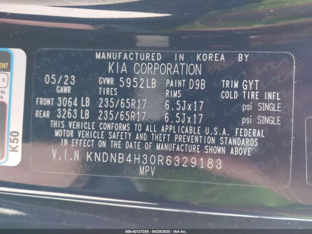 KNDNB4H30R6329183 KIA Carnival Mpv Lx Seat Package