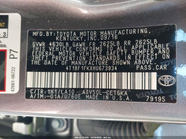 4T1BF1FKXHU673934 Toyota CAMRY XLE