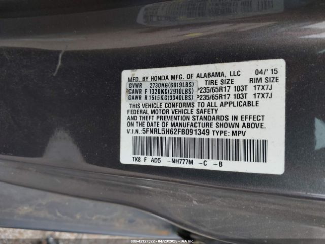 5FNRL5H62FB091349 Honda Odyssey Ex-l