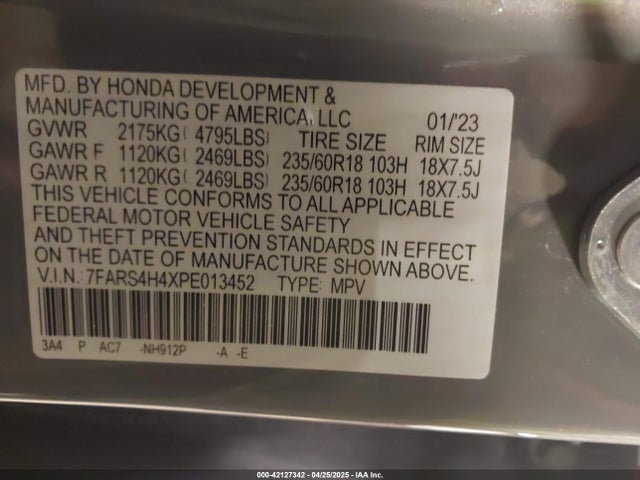7FARS4H4XPE013452 Honda l15be