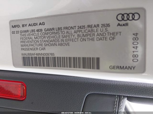 WAUBBAF48NN009765 Audi A4 Premium Plus 40 Tfsi Quattro S Tronic