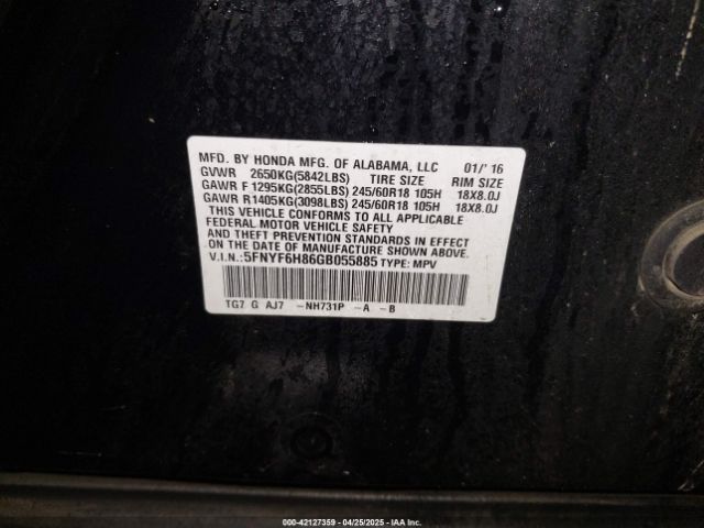 5FNYF6H86GB055885 Honda Pilot Ex-l