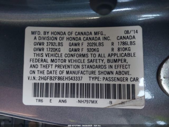 2HGFB2F86EH543337 Honda CIVIC EX