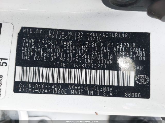 4T1B11HK4KU743270 Toyota CAMRY LE