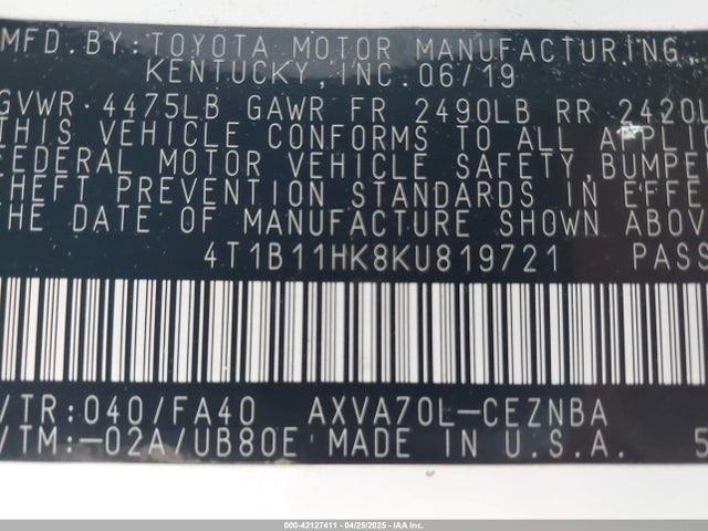 4T1B11HK8KU819721 Toyota CAMRY LE