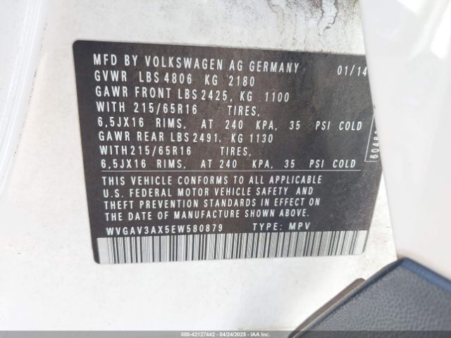 WVGAV3AX5EW580879 Volkswagen TIGUAN S