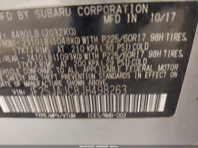 Subaru naturally aspirated u5 2018 JF2SJAJC8JH498263 Image 9