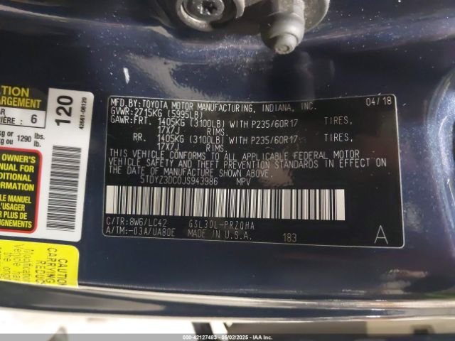5TDYZ3DC0JS943986 Toyota Sienna Xle 8 Passenger