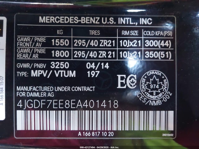 4JGDF7EE8EA401418 Mercedes-Benz Gl 63 Amg 4matic