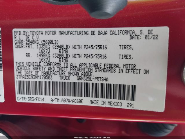 3TMAZ5CN3NM170503 Toyota Tacoma Sr5 V6