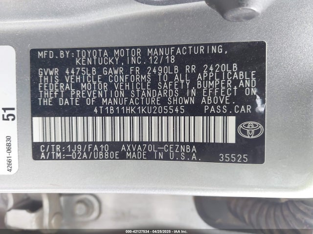 4T1B11HK1KU205545 Toyota CAMRY LE
