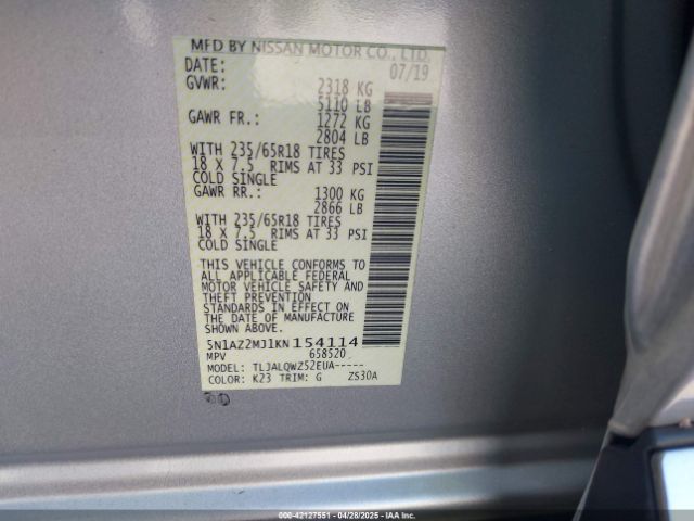 5N1AZ2MJ1KN154114 Nissan MURANO SV
