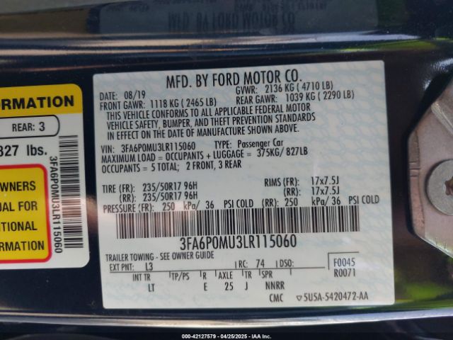 3FA6P0MU3LR115060 Ford Fusion Hybrid Sel