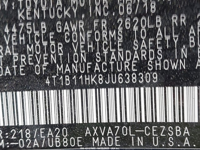 4T1B11HK8JU638309 Toyota CAMRY SE