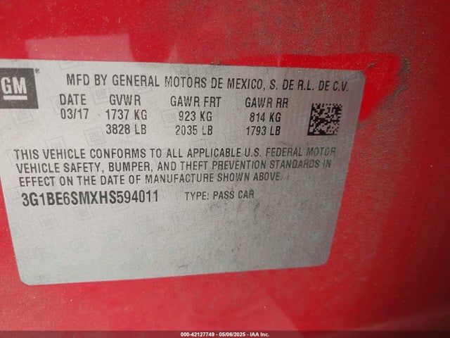 3G1BE6SMXHS594011 Chevrolet Cruze Lt Auto