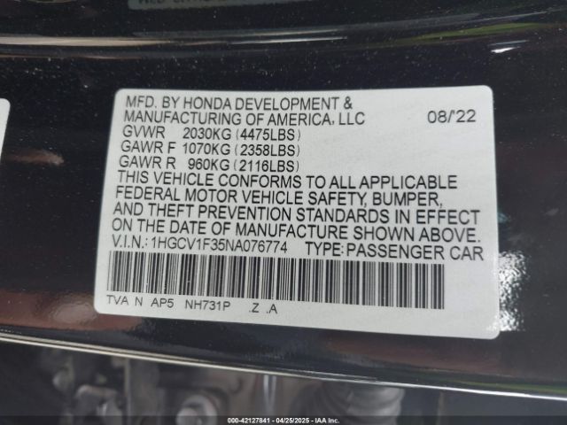 1HGCV1F35NA076774 Honda Accord Sport