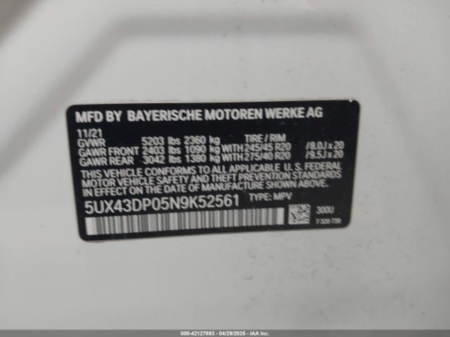 5UX43DP05N9K52561 BMW X3 Sdrive30i