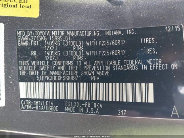 5TDYK3DCXFS688971 Toyota Sienna Xle 8 Passenger