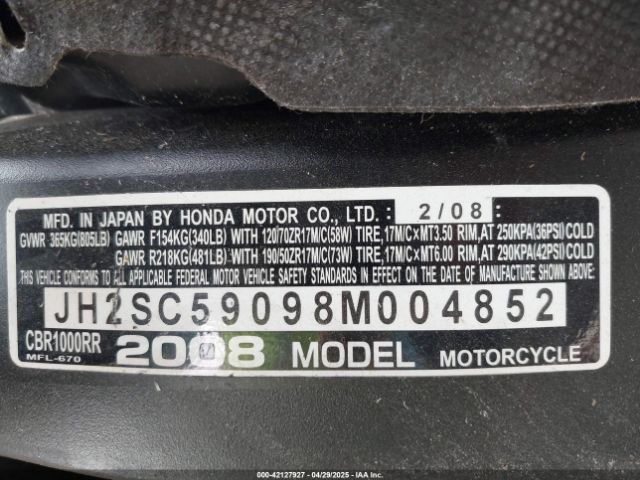 2008 HONDA CBR1000 JH2SC59098M004852 Photo 9