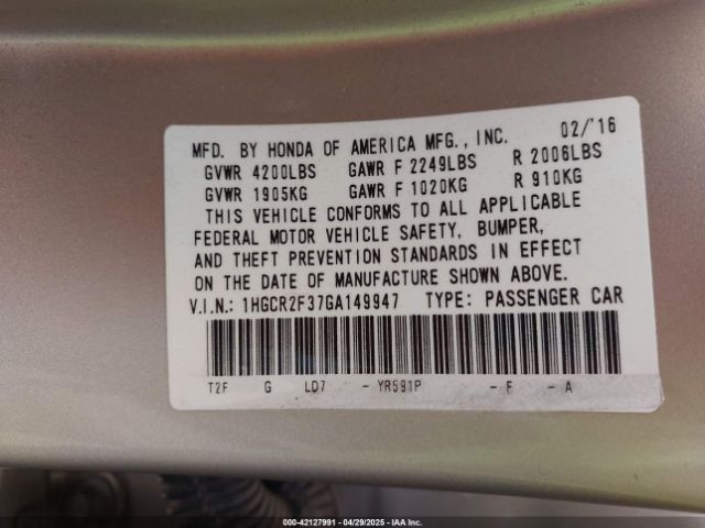 1HGCR2F37GA149947 Honda ACCORD LX