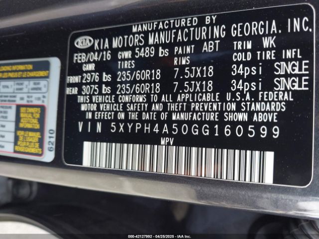 5XYPH4A50GG160599 KIA Sorento 3.3l Ex