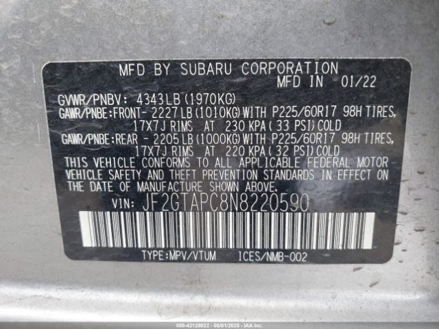 JF2GTAPC8N8220590 Subaru Crosstrek Premium