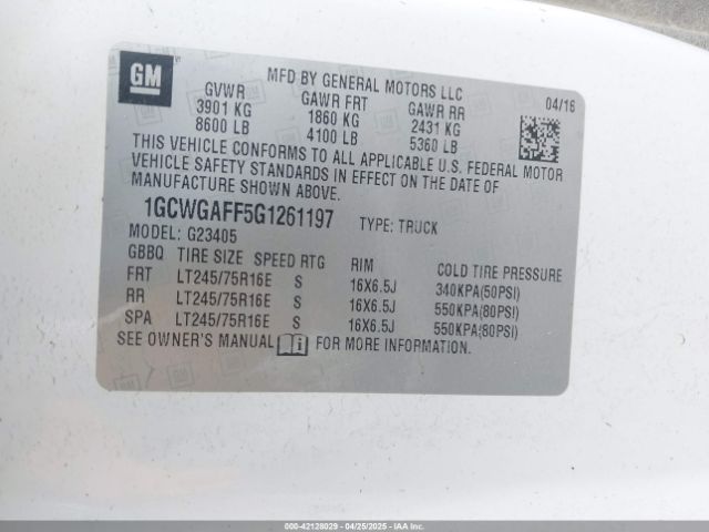 1GCWGAFF5G1261197 Chevrolet Express 2500 Work Van