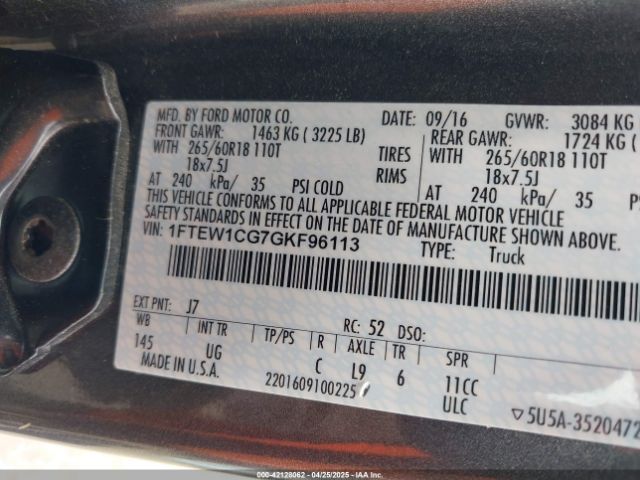 1FTEW1CG7GKF96113 Ford F-150 Xlt