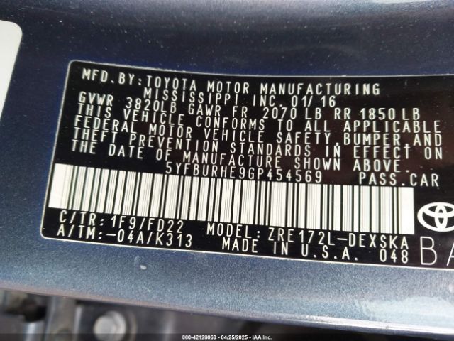 5YFBURHE9GP454569 Toyota Corolla L/le/le Pls/prm/s/s Pls