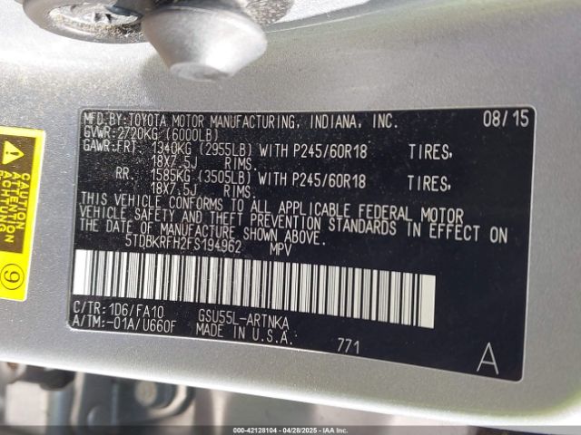 5TDBKRFH2FS194962 Toyota Highlander Le Plus V6