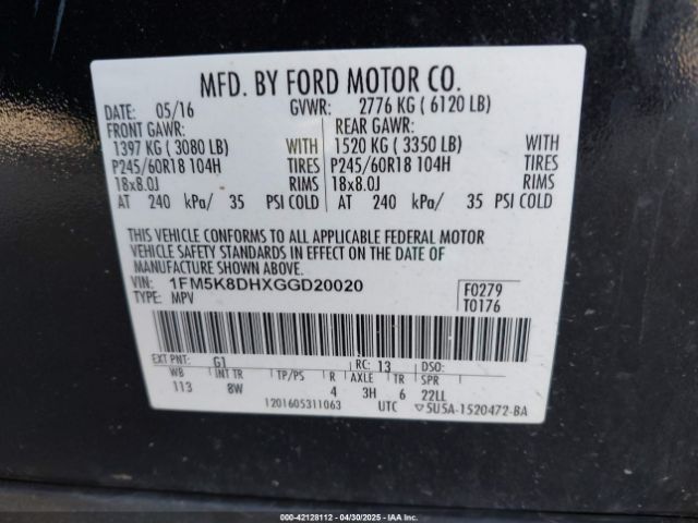 1FM5K8DHXGGD20020 Ford EXPLORER XLT