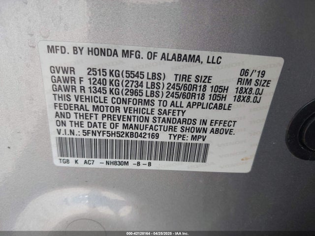 5FNYF5H52KB042169 Honda Pilot Ex-l