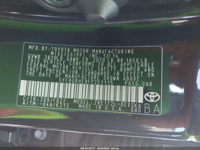 5YFBURHE9FP251115 Toyota 2zr-fe
