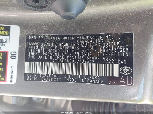 2T1BURHE0JC103542 Toyota COROLLA LE