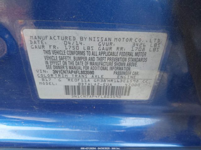 3N1CN7AP4FL803590 Nissan Versa 1.6 S+