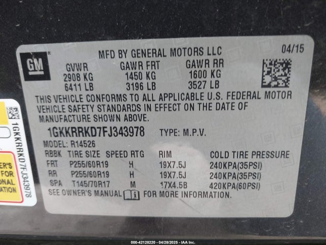 1GKKRRKD7FJ343978 GMC Acadia Slt-1