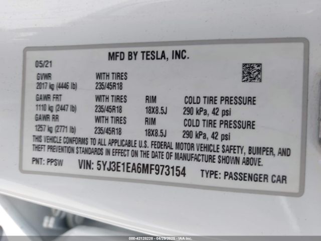 5YJ3E1EA6MF973154 Tesla Model 3 Standard Range Plus Rear-wheel Drive