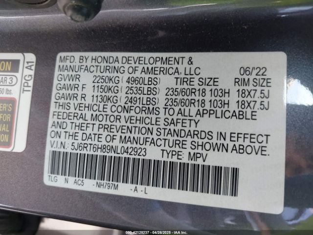 5J6RT6H89NL042923 Honda Cr-v Hybrid Ex-l