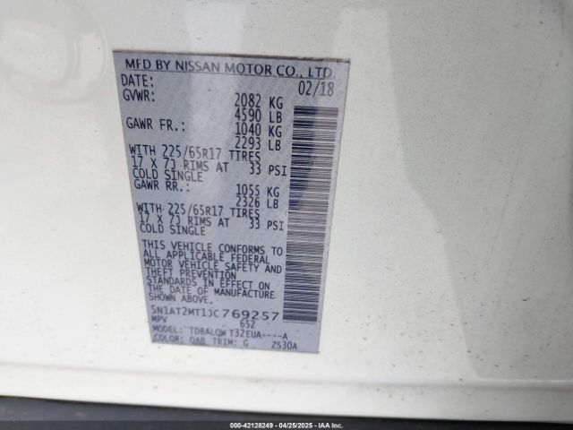 5N1AT2MT1JC769257 Nissan ROGUE SV
