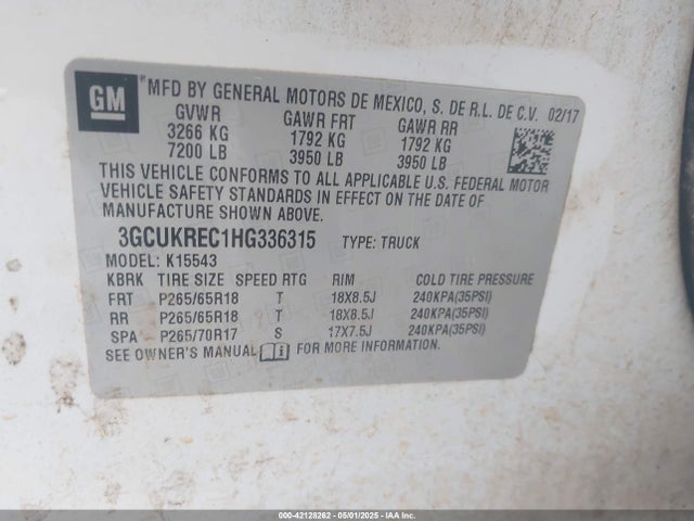 3GCUKREC1HG336315 Chevrolet Silverado 1500 2lt