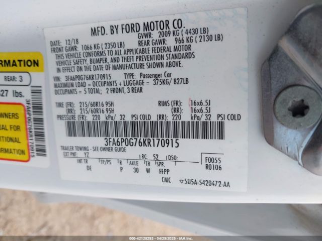 3FA6P0G76KR170915 Ford FUSION S