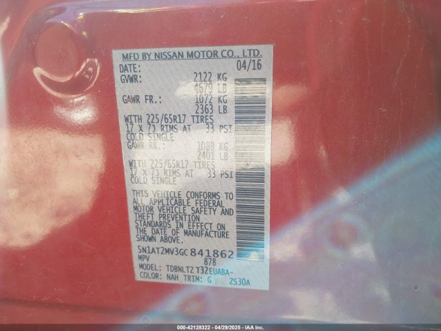 5N1AT2MV3GC841862 Nissan ROGUE SV