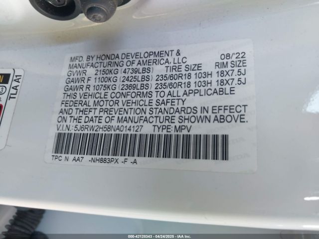 5J6RW2H58NA014127 Honda Cr-v Awd Ex