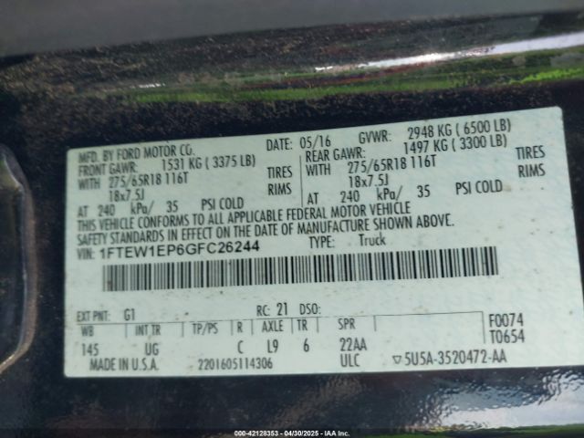 1FTEW1EP6GFC26244 Ford F-150 Xlt